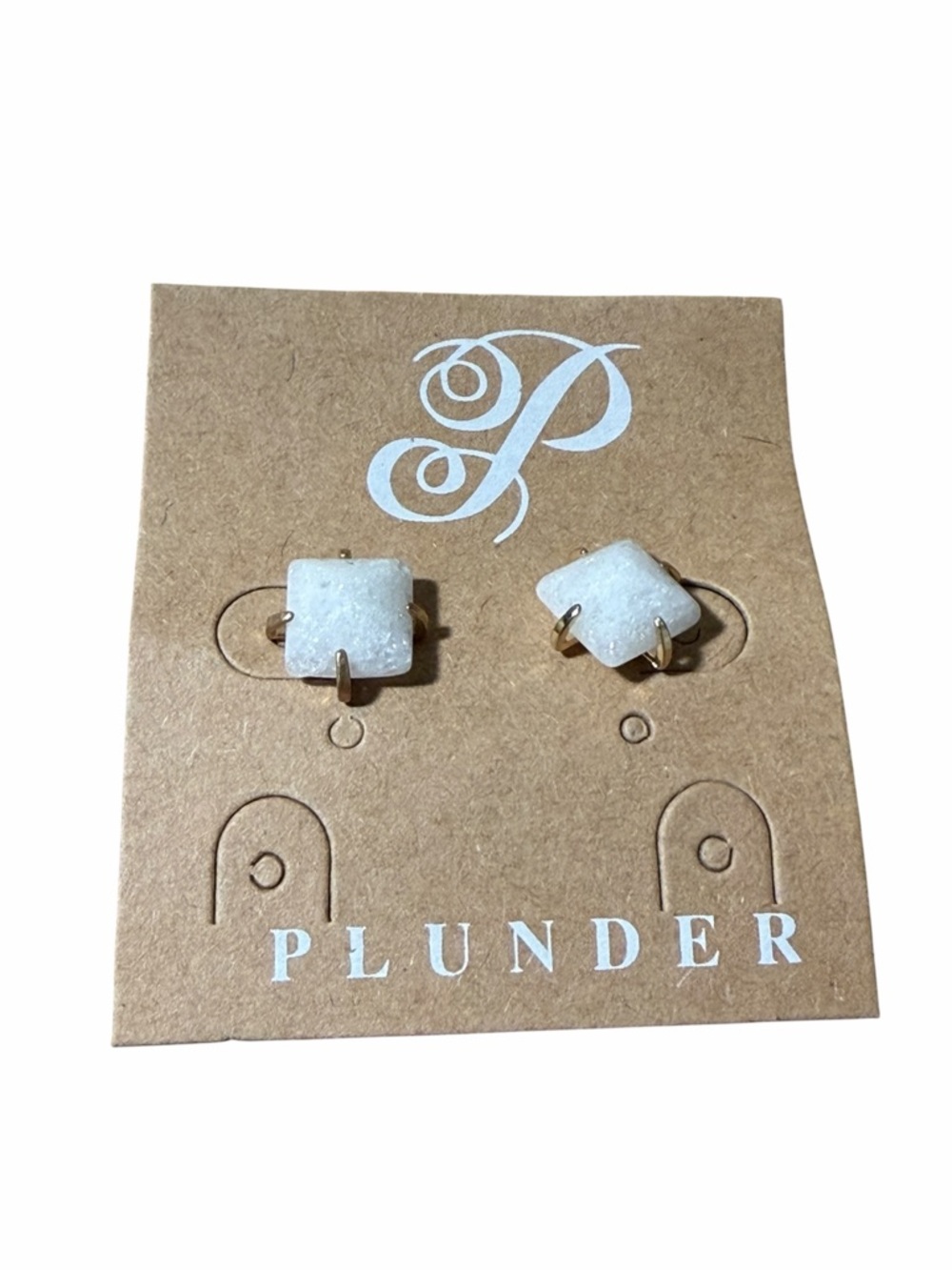 Plunder Gold-Tone White Druzy Square Stud Earrings